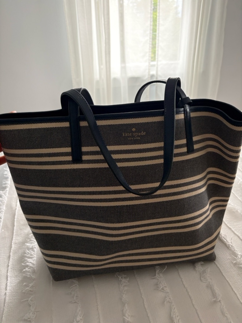 Kaye Spade Navy and Cream Striped Canvas Tote with Leather Handles
